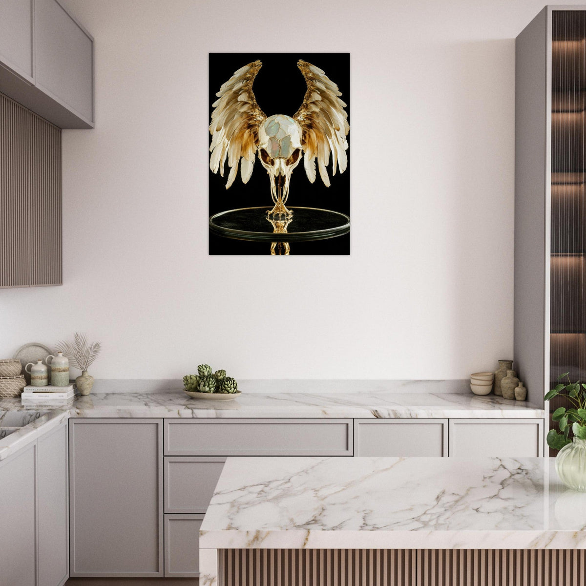 Mythical bird skull plated in gold wings - Shop Ai Art WebShop - Digital Art online Store