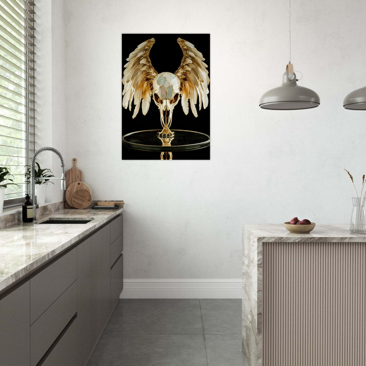 Mythical bird skull plated in gold wings - Shop Ai Art WebShop - Digital Art online Store