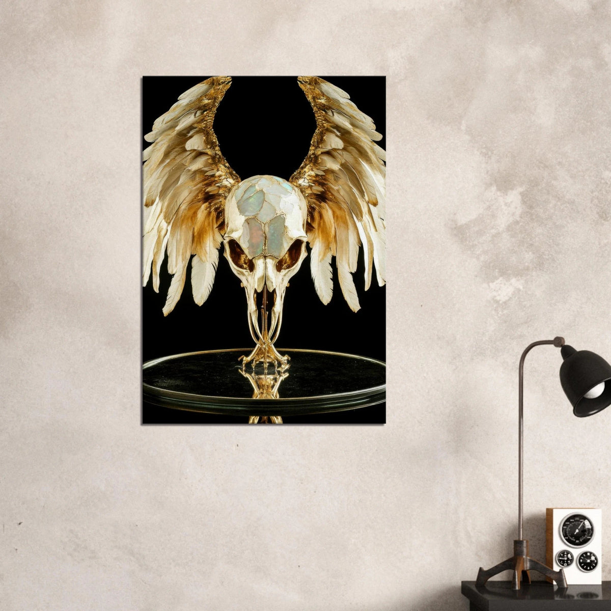 Mythical bird skull plated in gold wings - Shop Ai Art WebShop - Digital Art online Store
