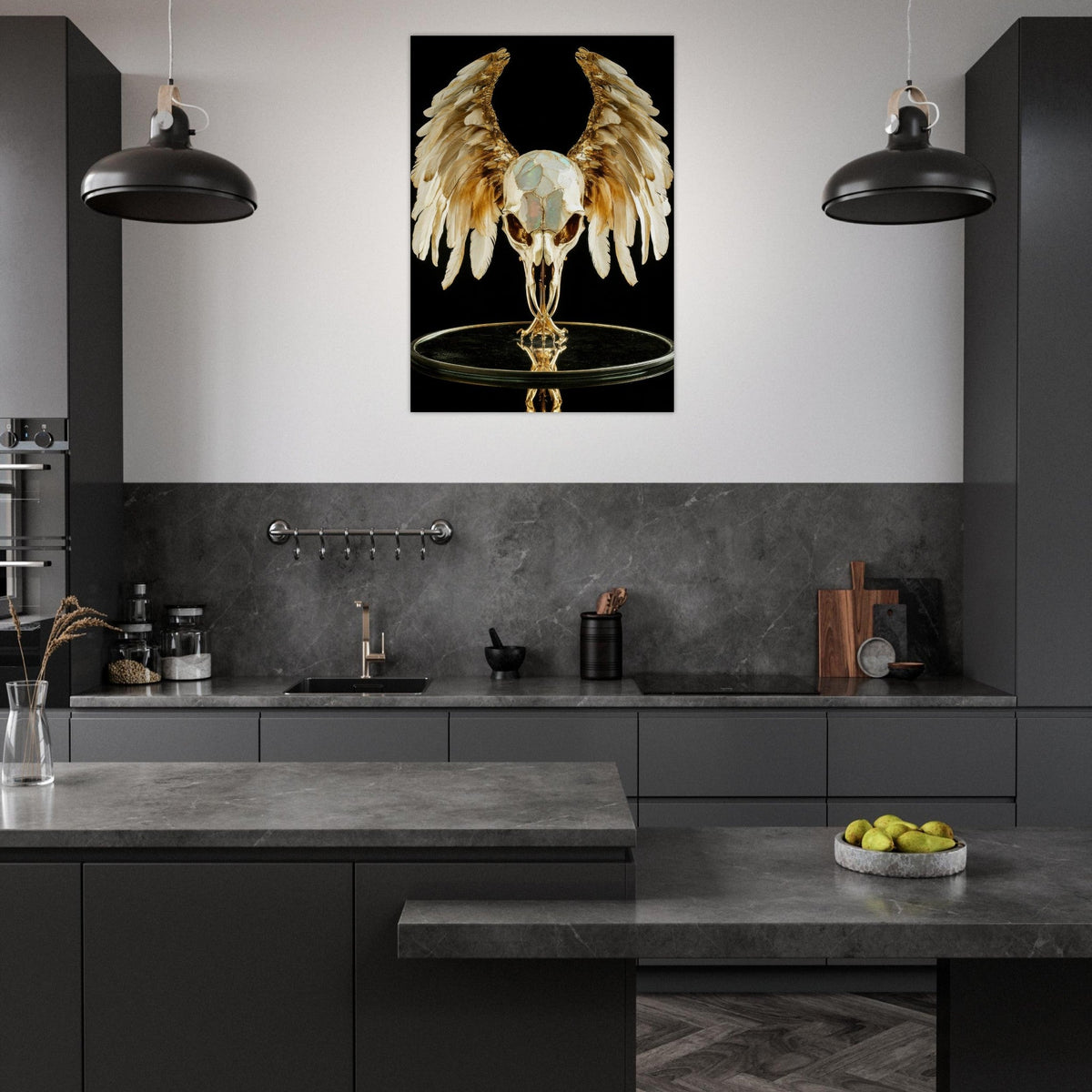 Mythical bird skull plated in gold wings - Shop Ai Art WebShop - Digital Art online Store