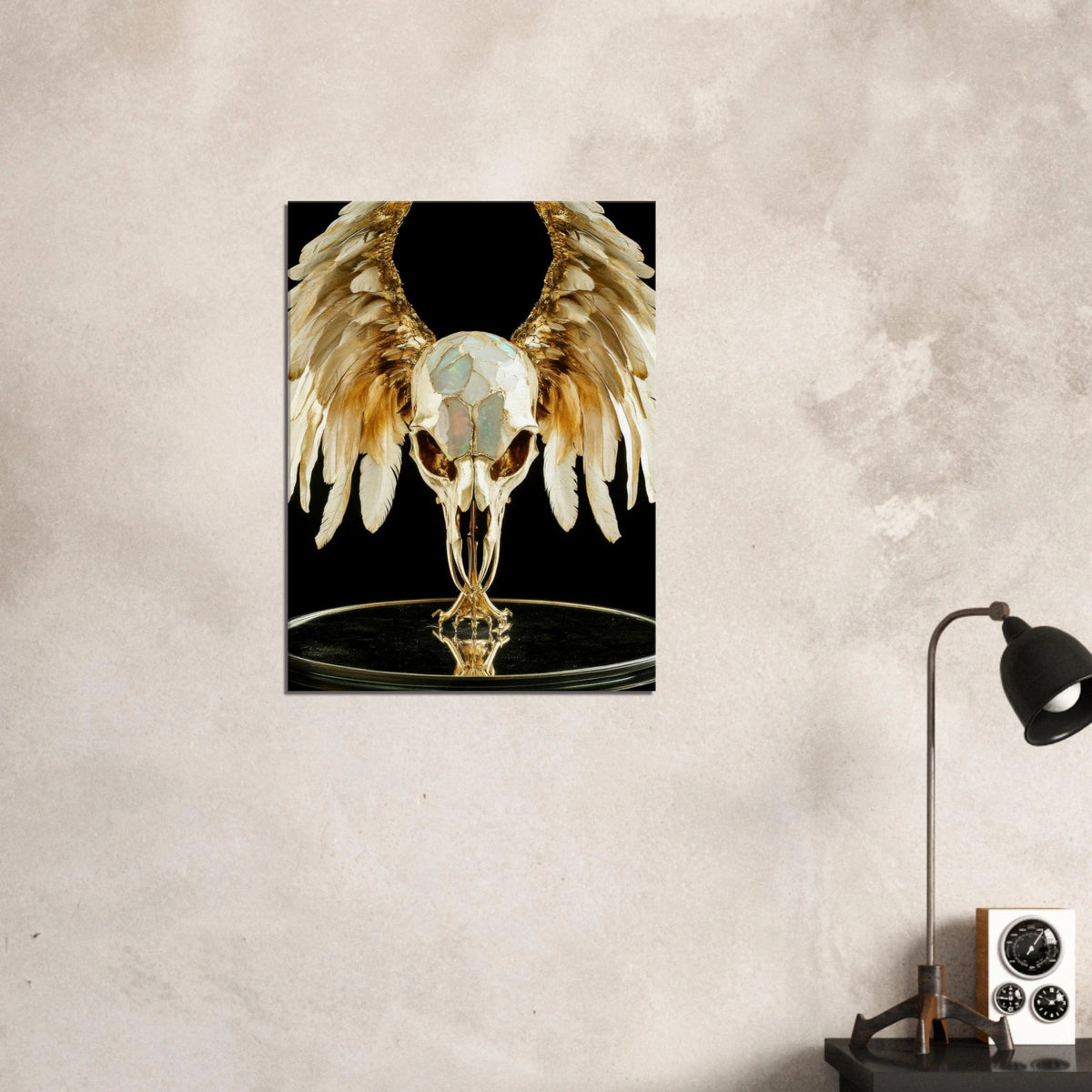 Mythical bird skull plated in gold wings - Shop Ai Art WebShop - Digital Art online Store