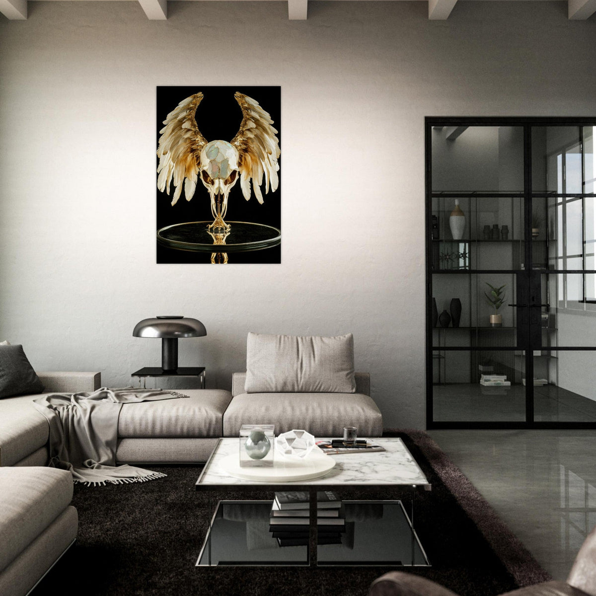 Mythical bird skull plated in gold wings - Shop Ai Art WebShop - Digital Art online Store