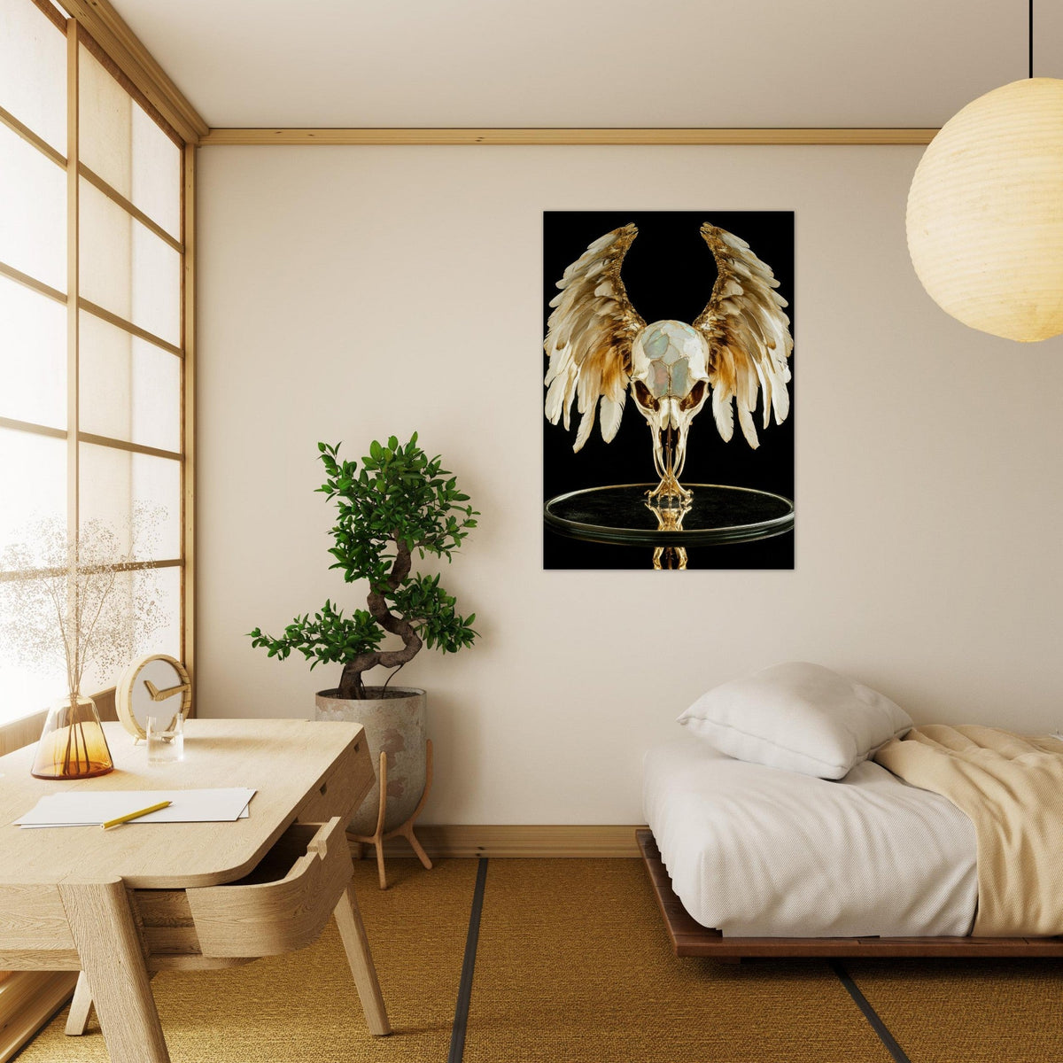 Mythical bird skull plated in gold wings - Shop Ai Art WebShop - Digital Art online Store