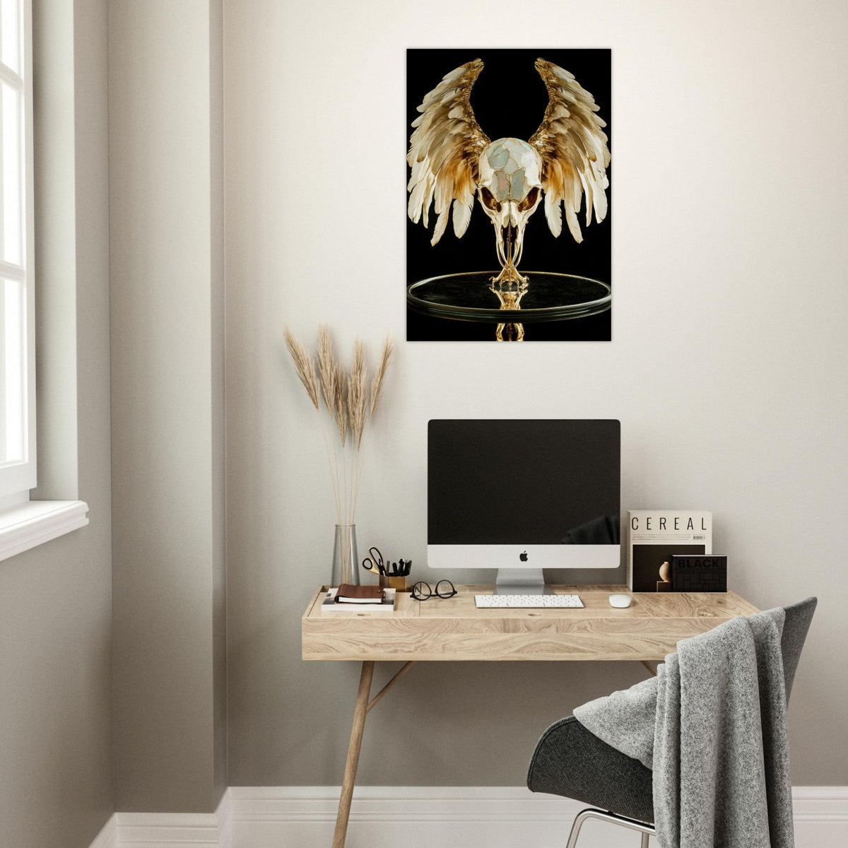 Mythical bird skull plated in gold wings - Shop Ai Art WebShop - Digital Art online Store