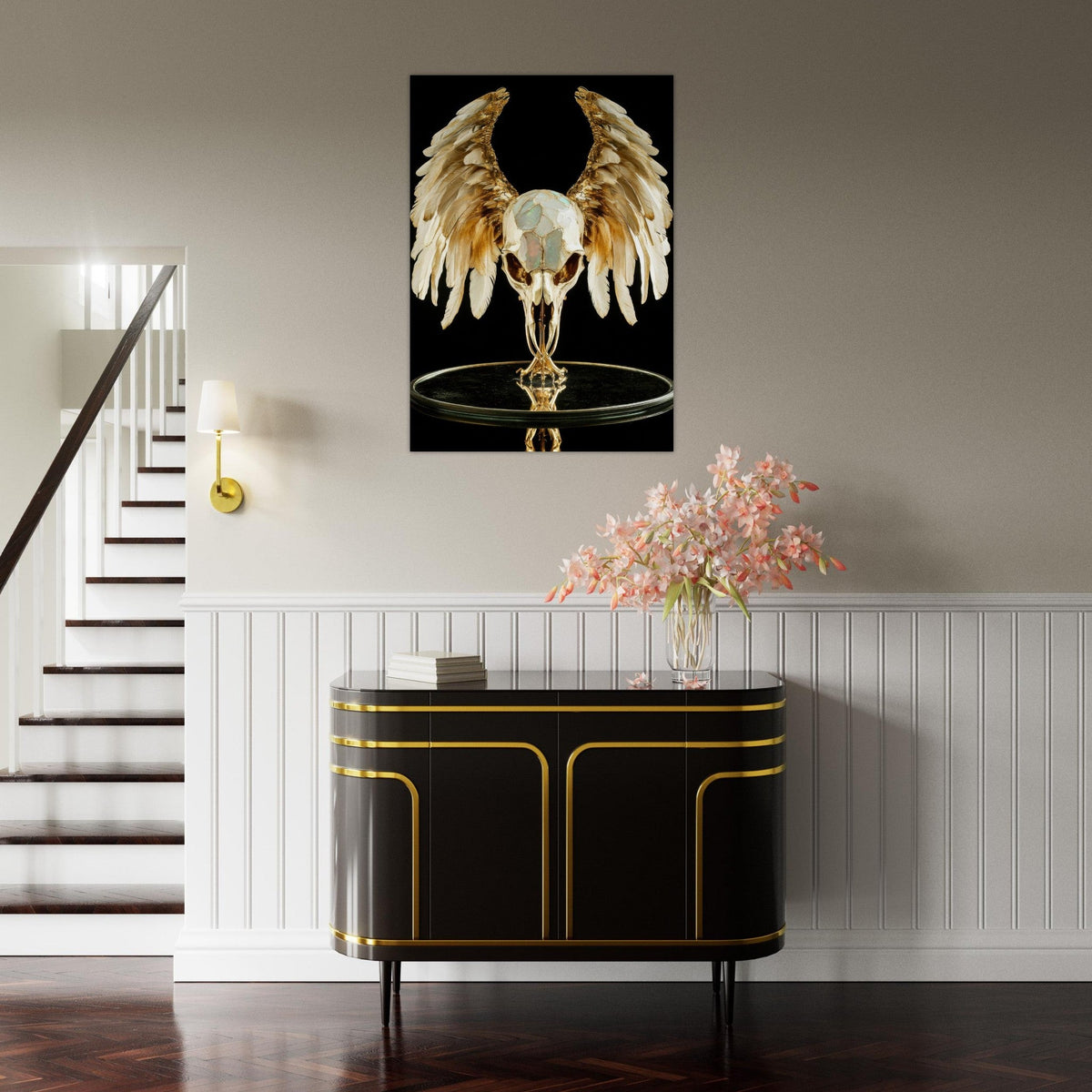 Mythical bird skull plated in gold wings - Shop Ai Art WebShop - Digital Art online Store