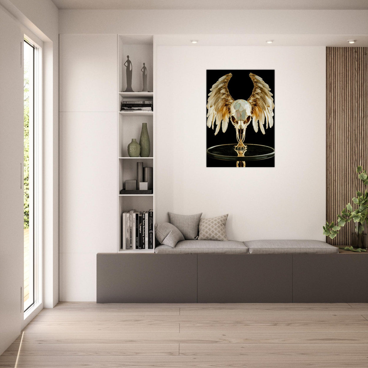 Mythical bird skull plated in gold wings - Shop Ai Art WebShop - Digital Art online Store