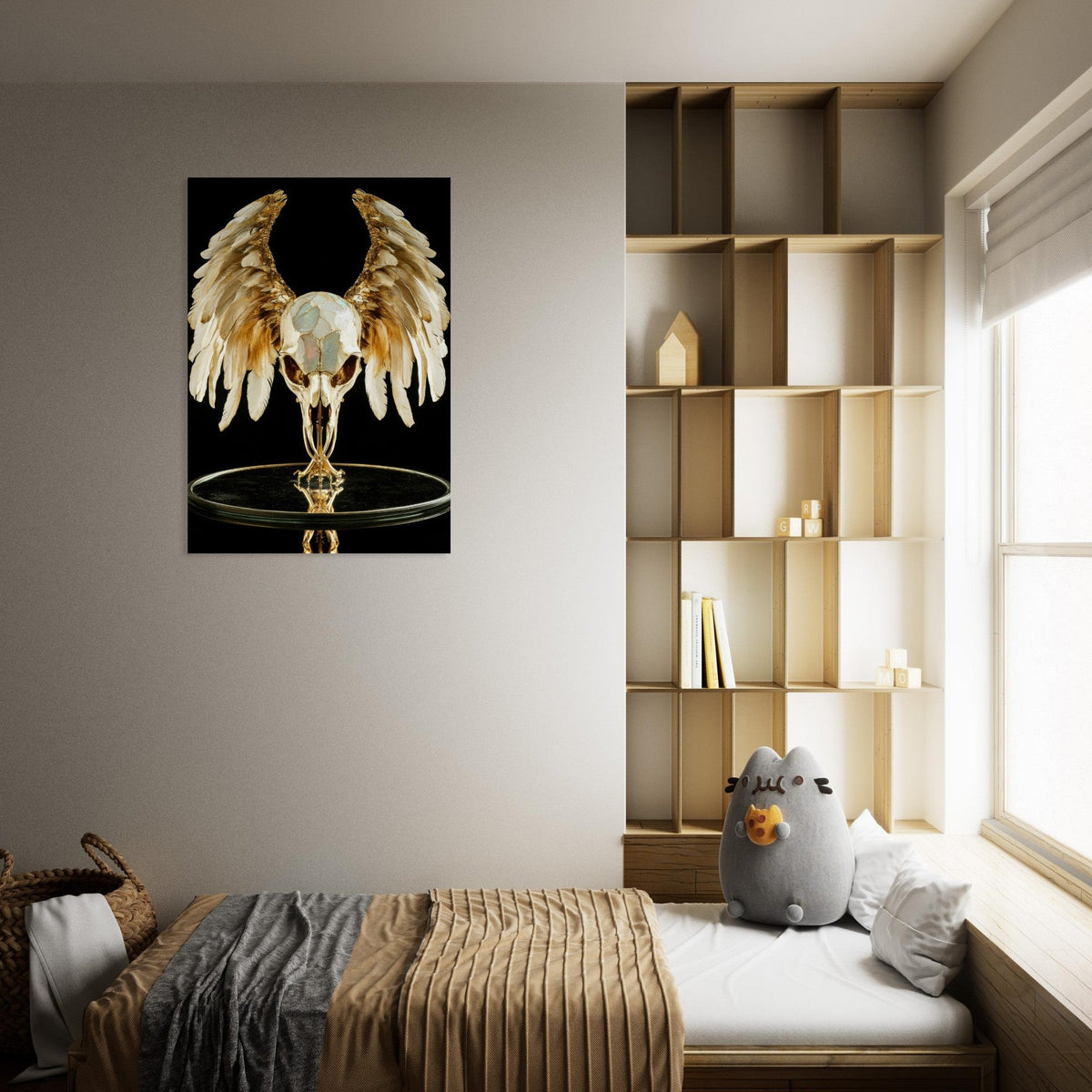 Mythical bird skull plated in gold wings - Shop Ai Art WebShop - Digital Art online Store