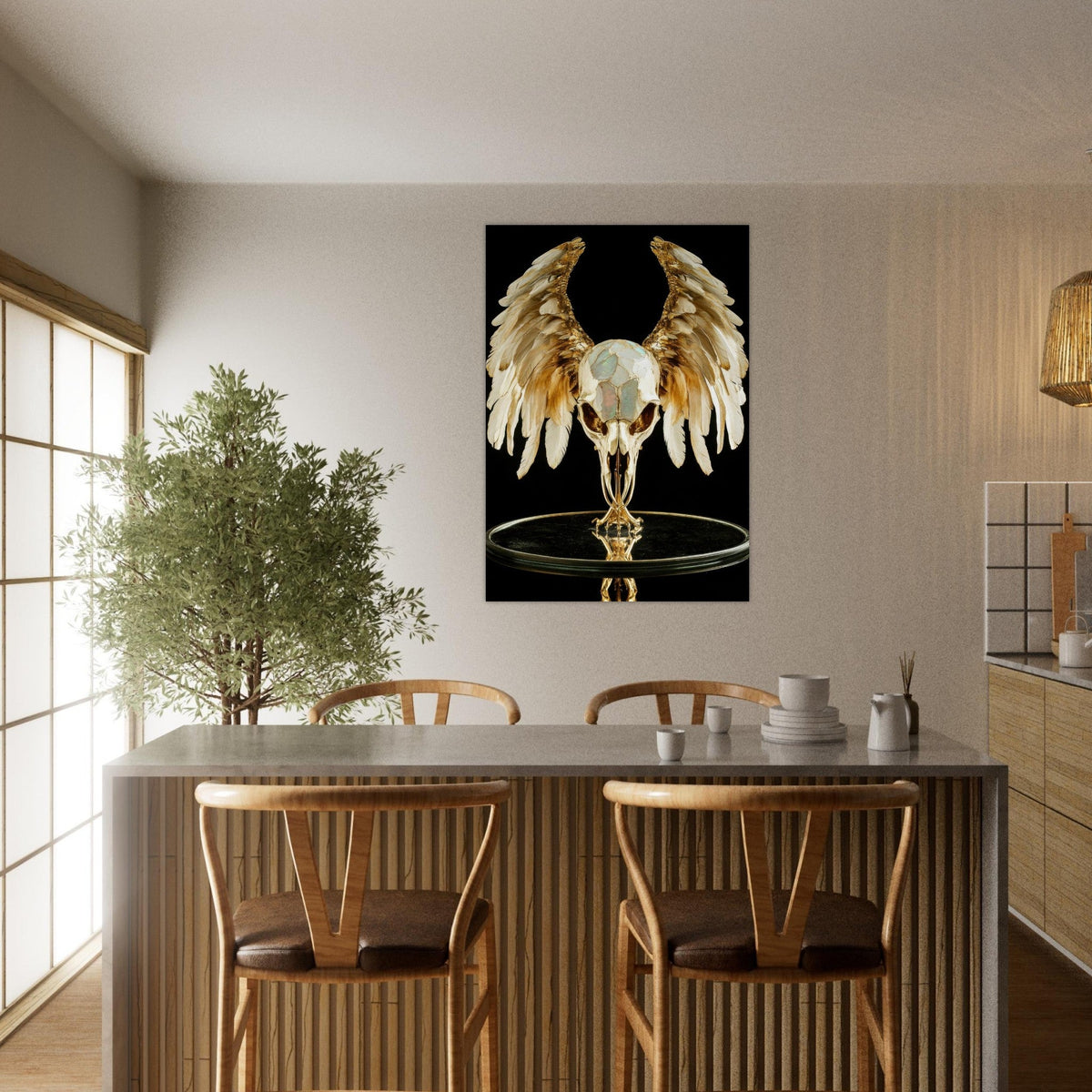 Mythical bird skull plated in gold wings - Shop Ai Art WebShop - Digital Art online Store