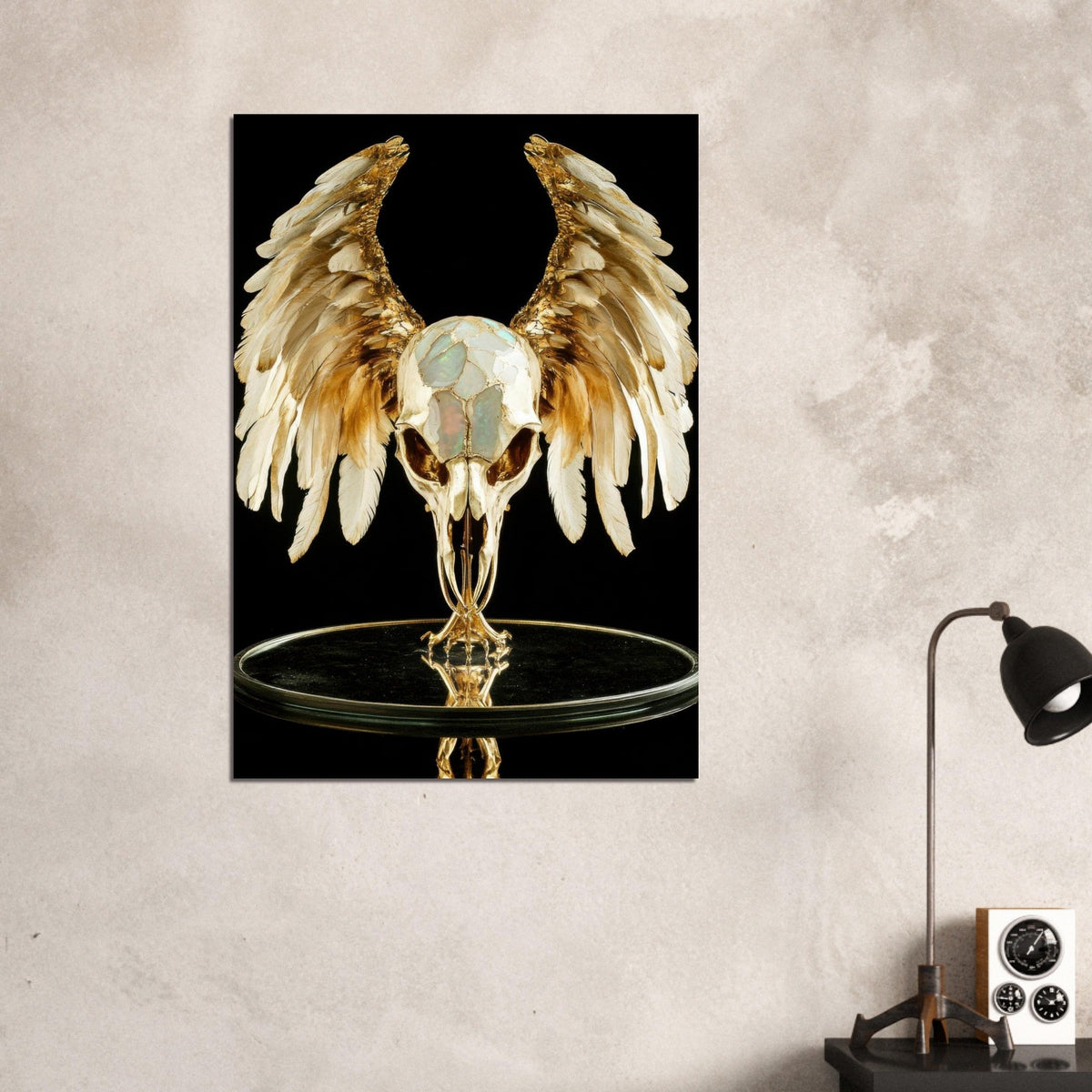 Mythical bird skull plated in gold wings - Shop Ai Art WebShop - Digital Art online Store
