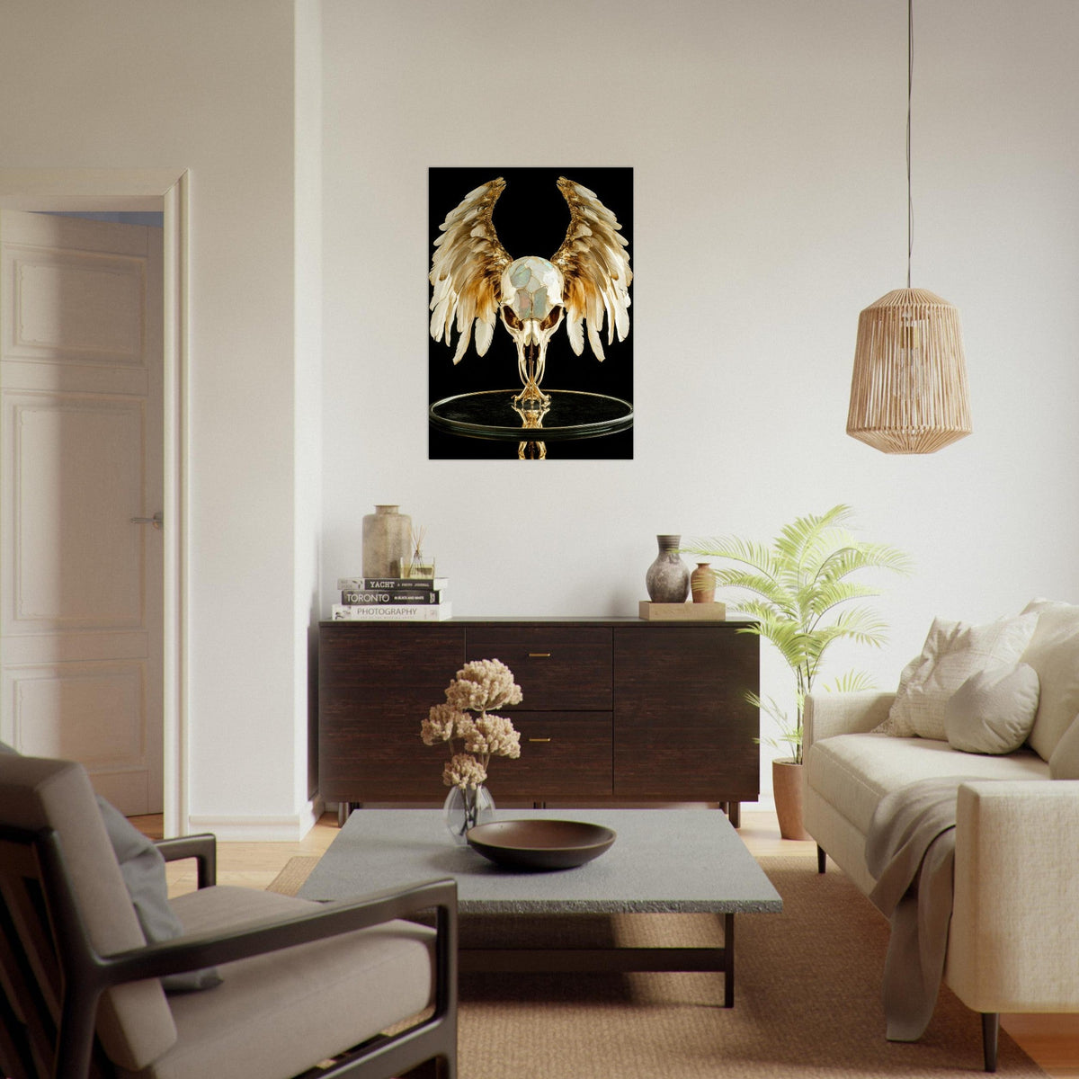 Mythical bird skull plated in gold wings - Shop Ai Art WebShop - Digital Art online Store