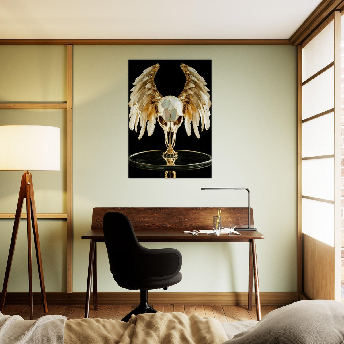 Mythical bird skull plated in gold wings - Shop Ai Art WebShop - Digital Art online Store