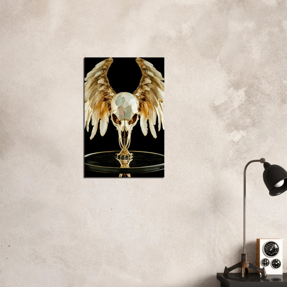 Mythical bird skull plated in gold wings - Shop Ai Art WebShop - Digital Art online Store