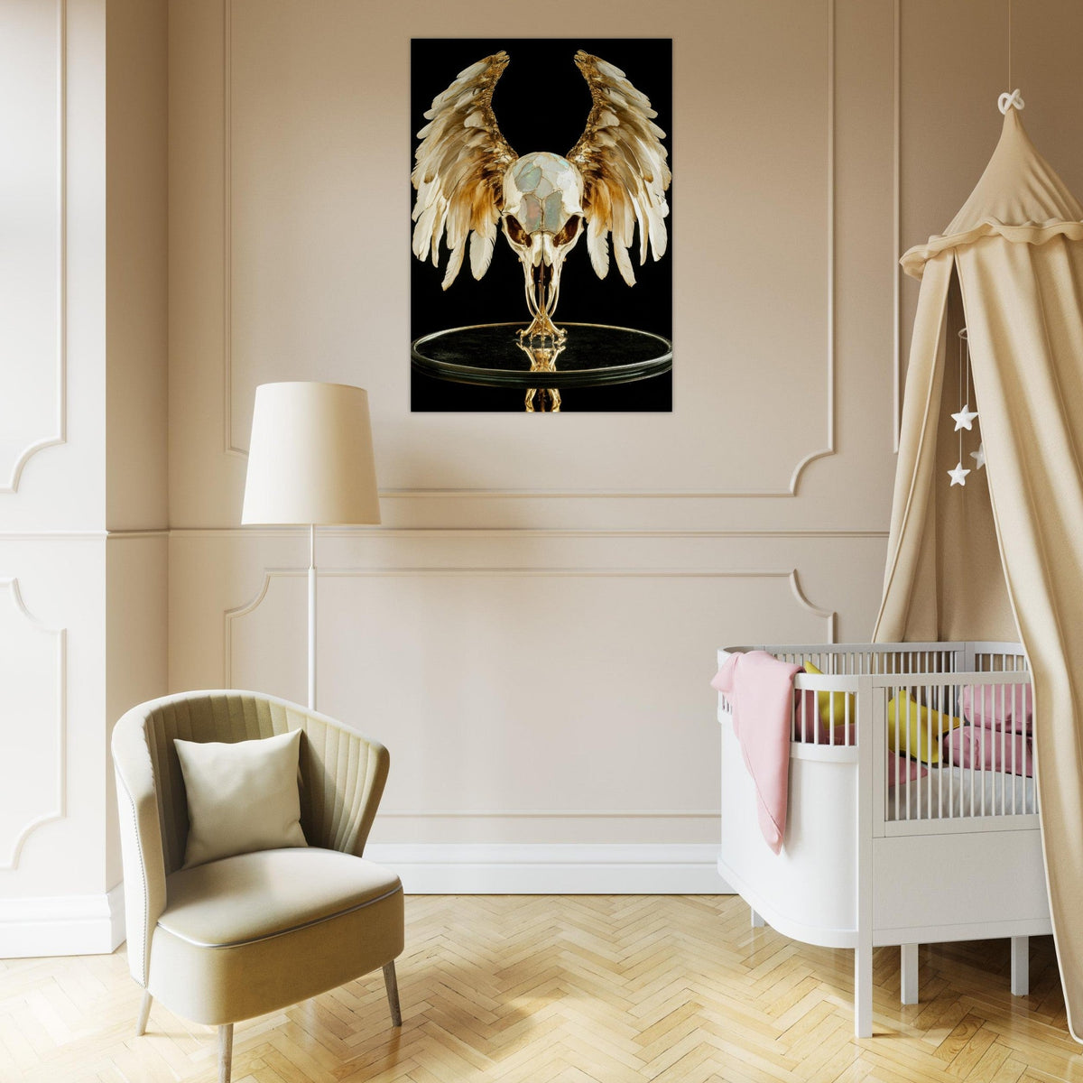 Mythical bird skull plated in gold wings - Shop Ai Art WebShop - Digital Art online Store