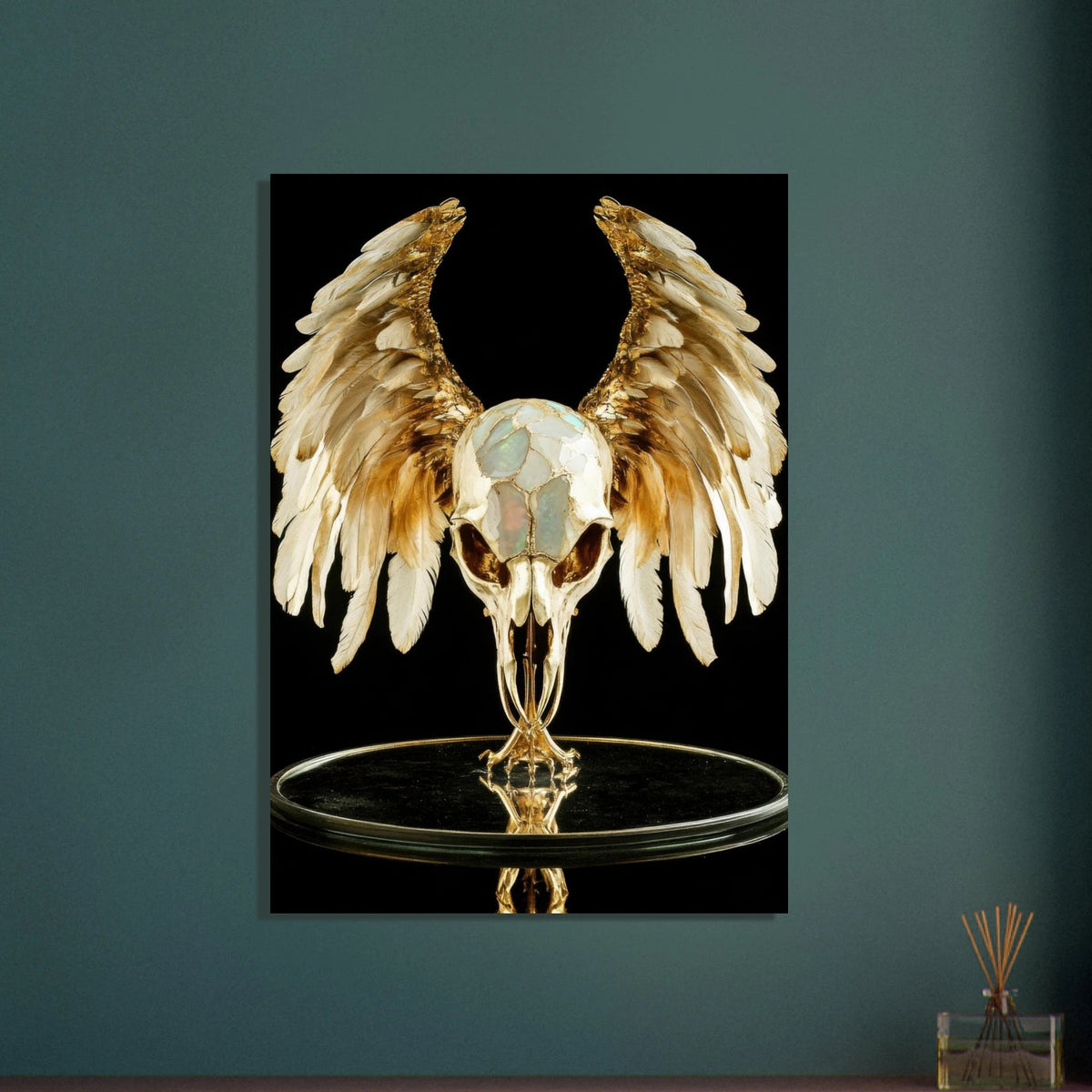 Mythical bird skull plated in gold wings - Shop Ai Art WebShop - Digital Art online Store