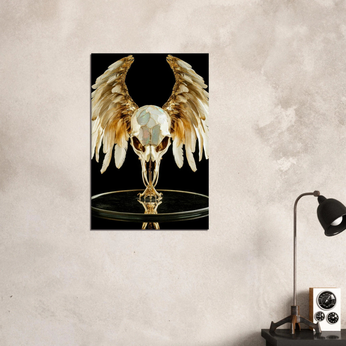 Mythical bird skull plated in gold wings - Shop Ai Art WebShop - Digital Art online Store