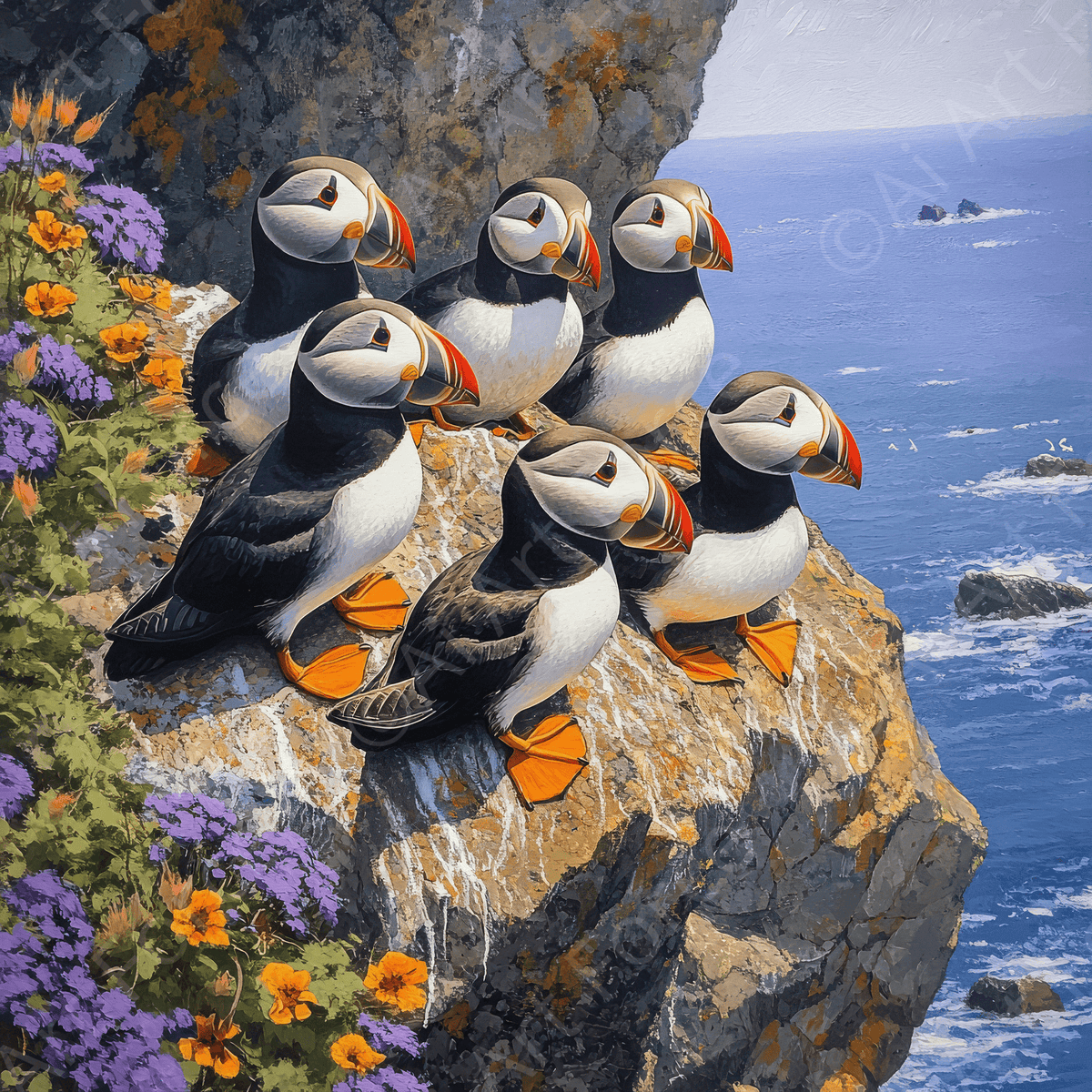 Puffins Nesting on a Cliffside 3 - Shop Ai Art WebShop - Digital Art online Store