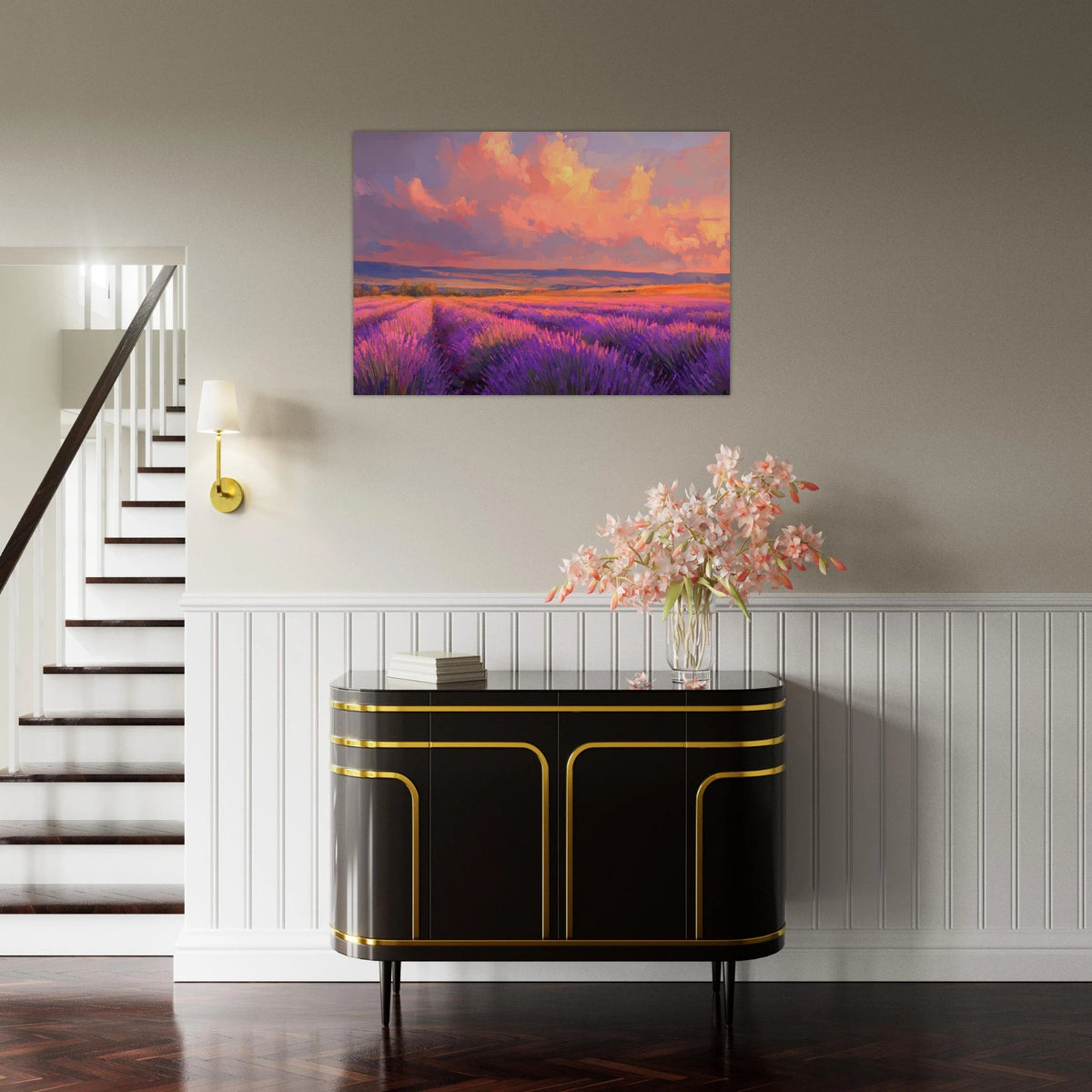 Rolling lavender fields under a pink - hued sunset - Shop Ai Art WebShop - Digital Art online Store