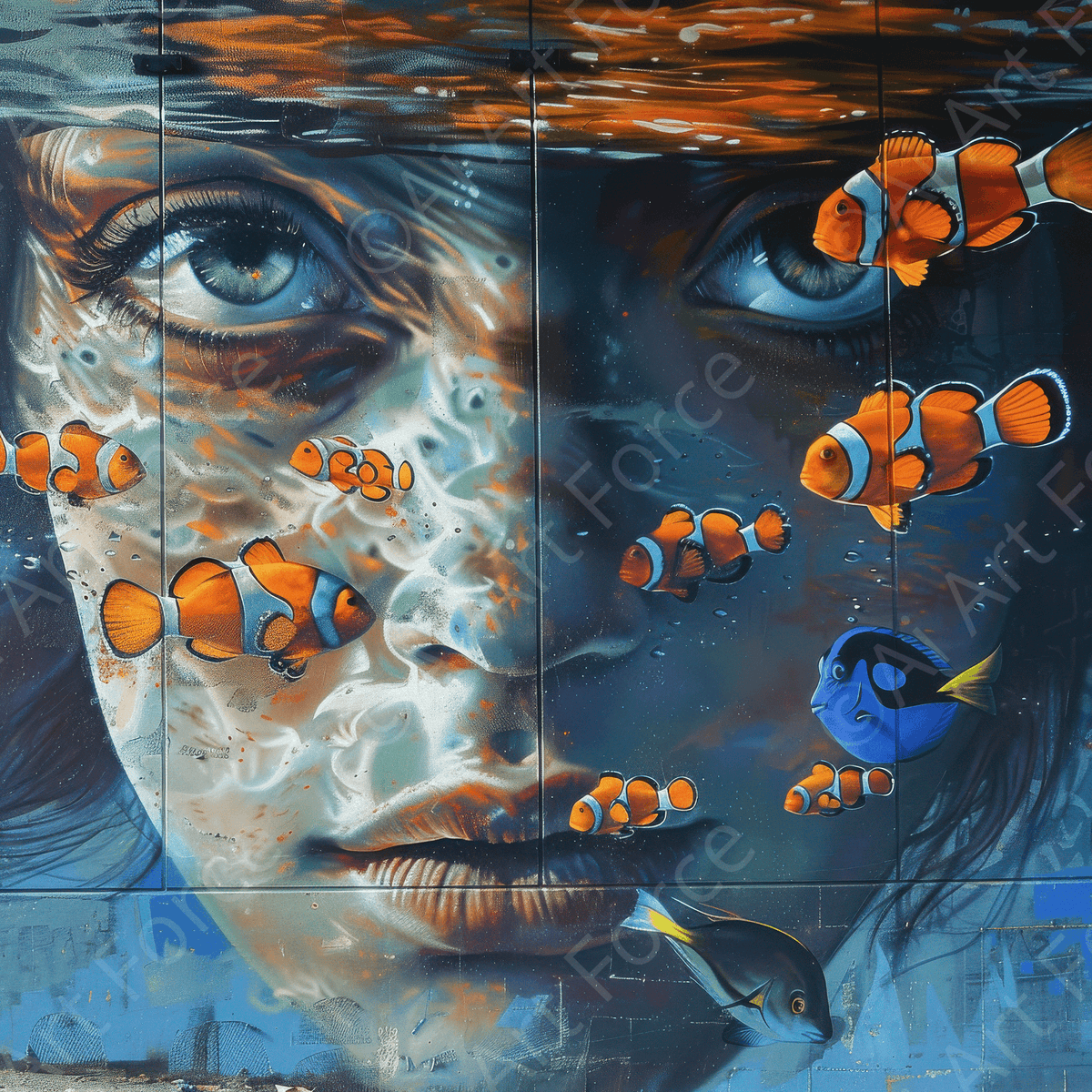 Street art style face half under water - Shop Ai Art WebShop - Digital Art online Store